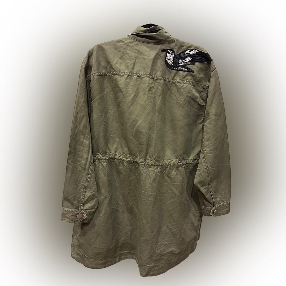 CAbi utility jacket moss/army green linen blend sequin bird/star patches Size M - Picture 3 of 12